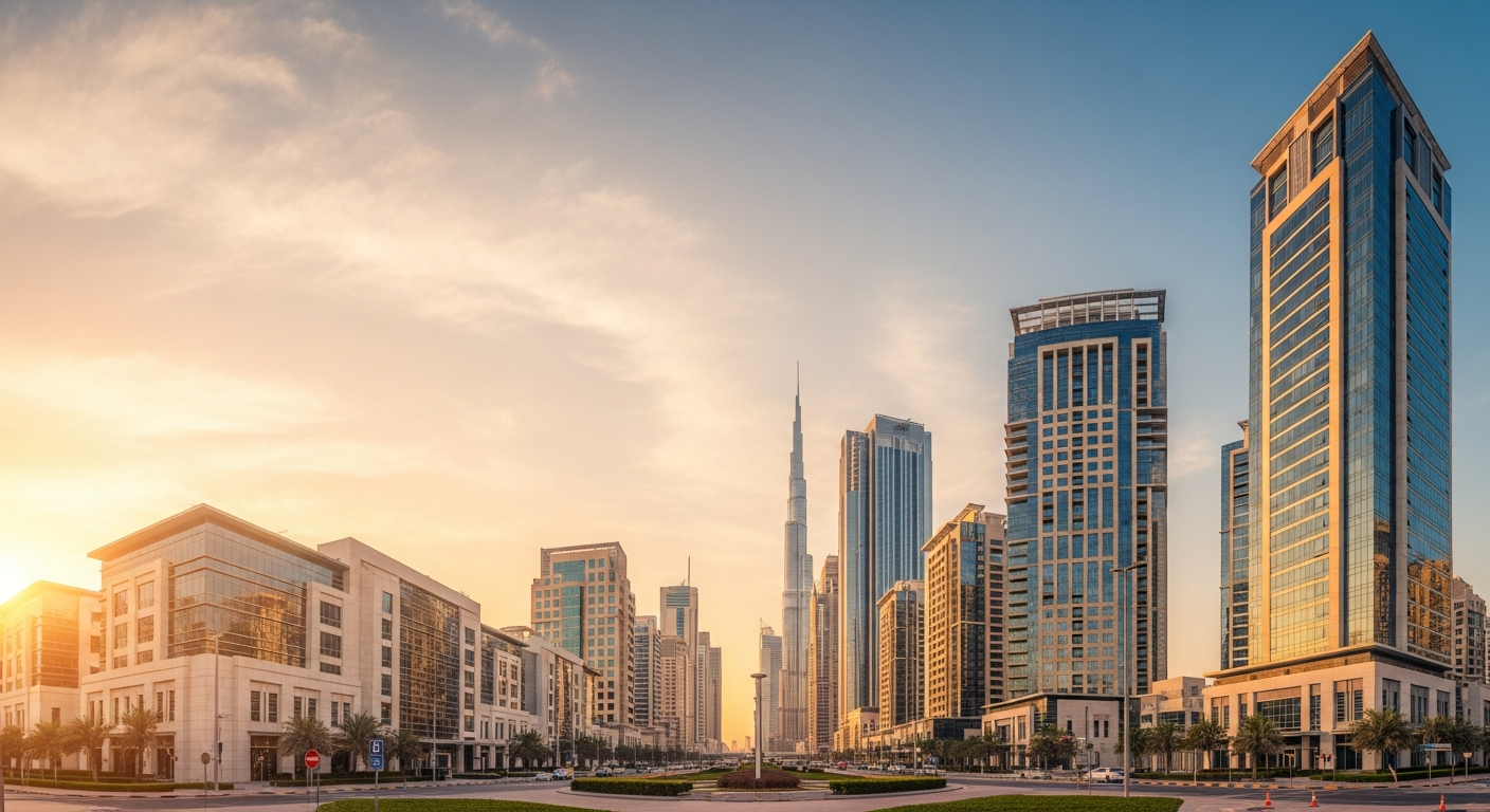 Modern UAE business district at golden hour